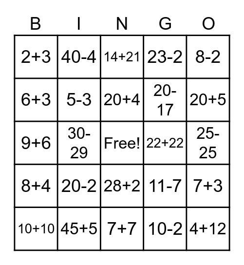 Lower Grade Math Bingo Card