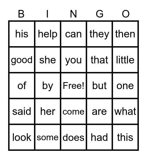 Sight Word Bingo Card