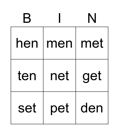 -et and -en Bingo Card