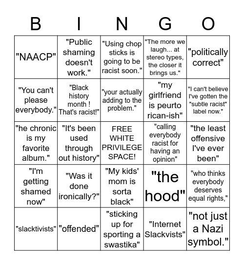 Free Speech/My RIGHT to Say Racist Things Bingo Card