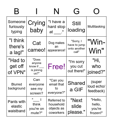 Virtual Team Conference Call Bingo Card