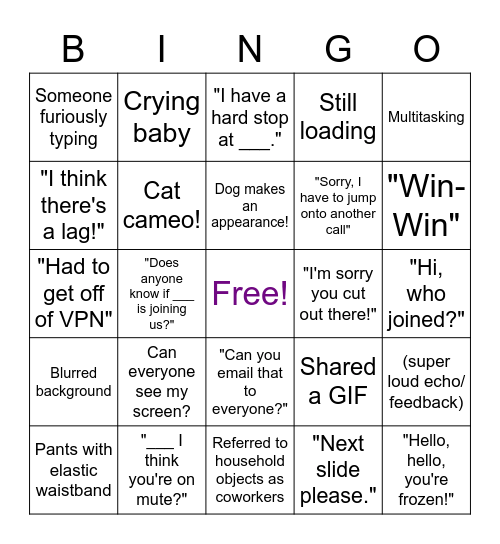 Virtual Team Conference Call Bingo Card