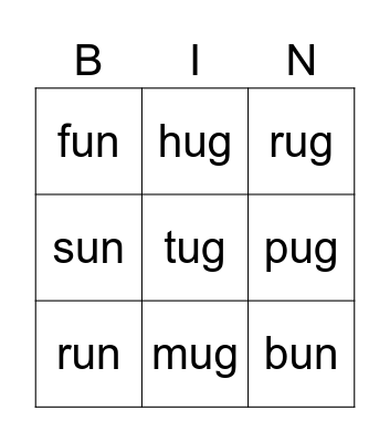 -ug and -un Bingo Card