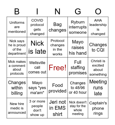 Staff Meeting Bingo Card