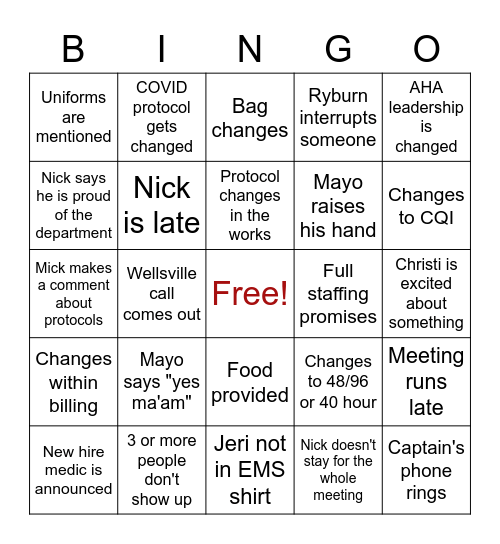 Staff Meeting Bingo Card