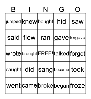 Past Tense Verbs Bingo Card