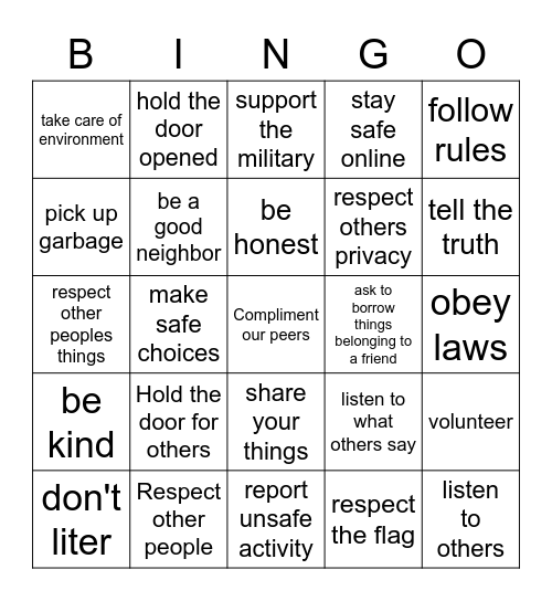 Safe and Caring Environments Bingo Card