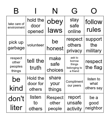 Safe and Caring Environments Bingo Card