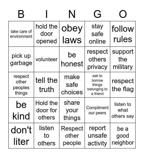 Safe and Caring Environments Bingo Card