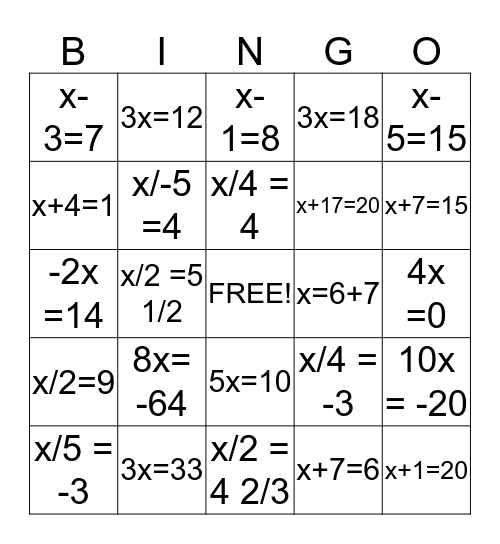 Equations  Bingo Card