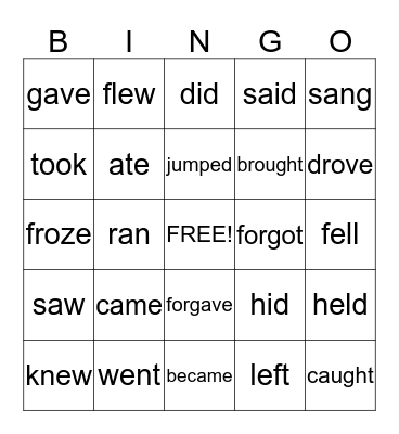 Past Tense Verbs Bingo Card