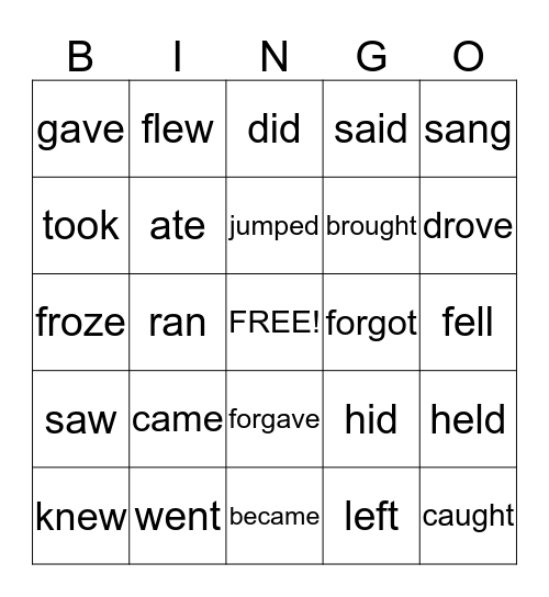 Past Tense Verbs Bingo Card