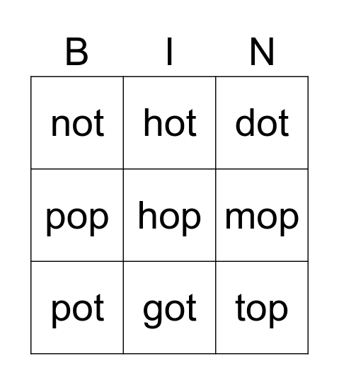 -ot and -op Bingo Card