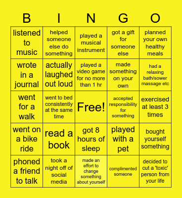 What have you done to help your MENTAL HEALTH Bingo Card