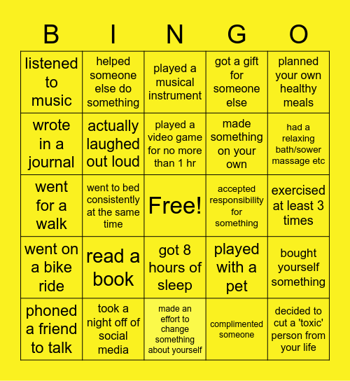 What have you done to help your MENTAL HEALTH Bingo Card