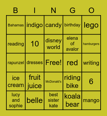 Sydney's 6th Birthday Bingo Card