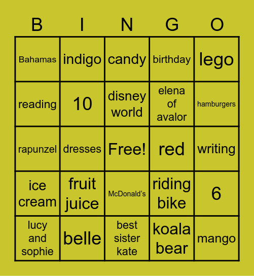 Sydney's 6th Birthday Bingo Card