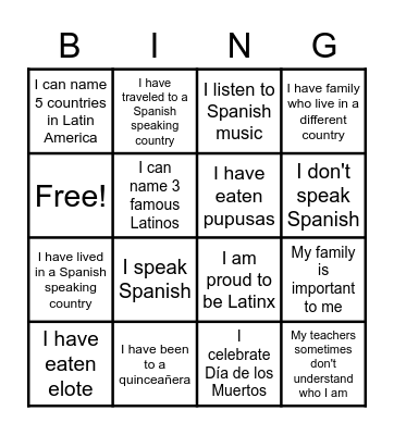 Latinx Bingo Card