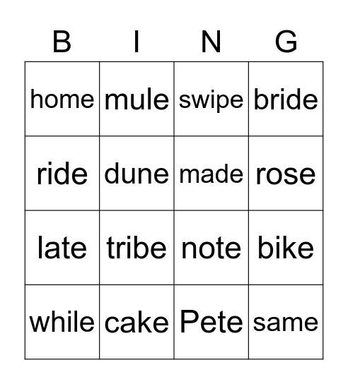 Long Vowel Words Bingo Card