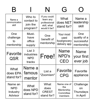 NPD Mentorship BINGO Card
