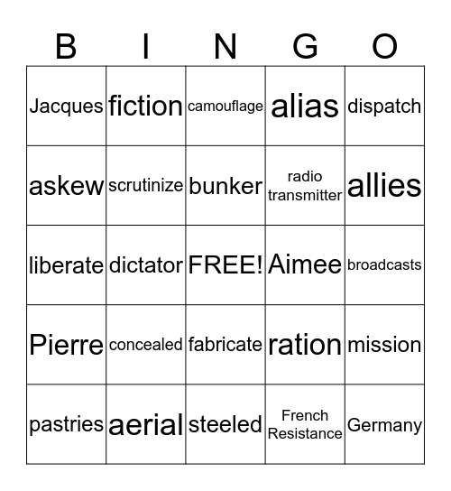 "The Message" Vocabulary Bingo Card