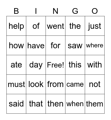 Kindergarten Sight Words Bingo Card