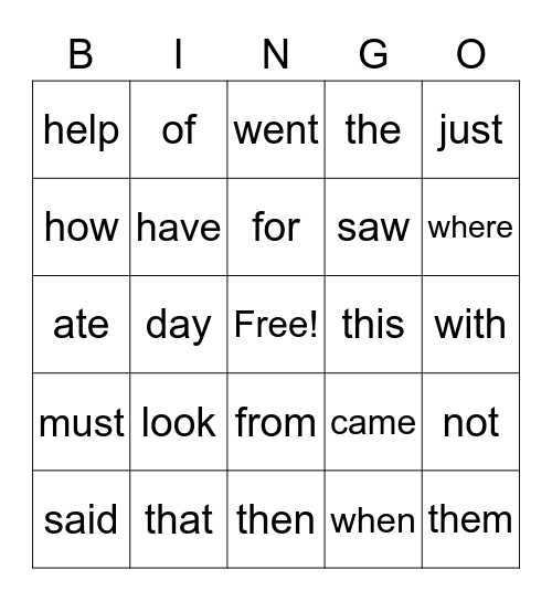 Kindergarten Sight Words Bingo Card