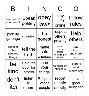 Safe and Caring Environments Bingo Card