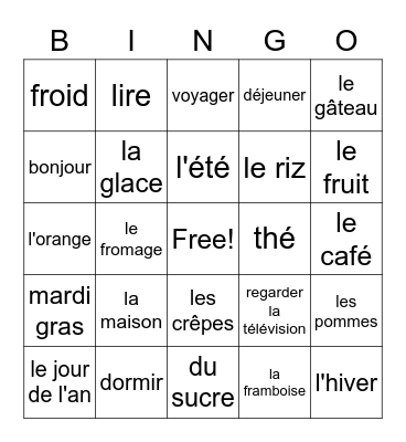 French Club April 2021 Bingo Card