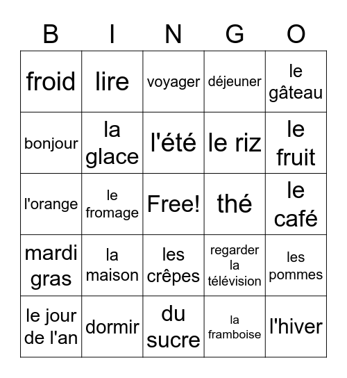 French Club April 2021 Bingo Card