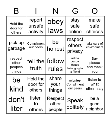 Safe and Caring Environments Bingo Card