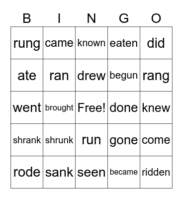 Past and Past Participle of Irregular Verbs Bingo Card
