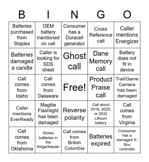 Duracell Bingo Card