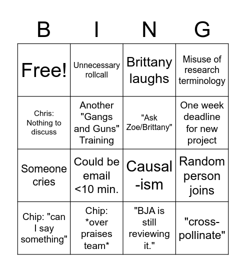 JRI Calls/Zooms Bingo Card