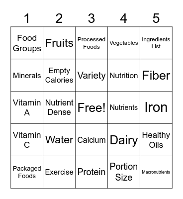 Nutrition Bingo Card