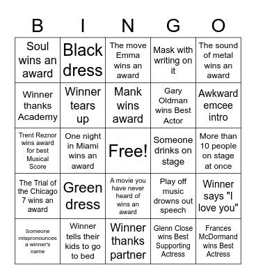 Oscar Party 2021 Bingo Card