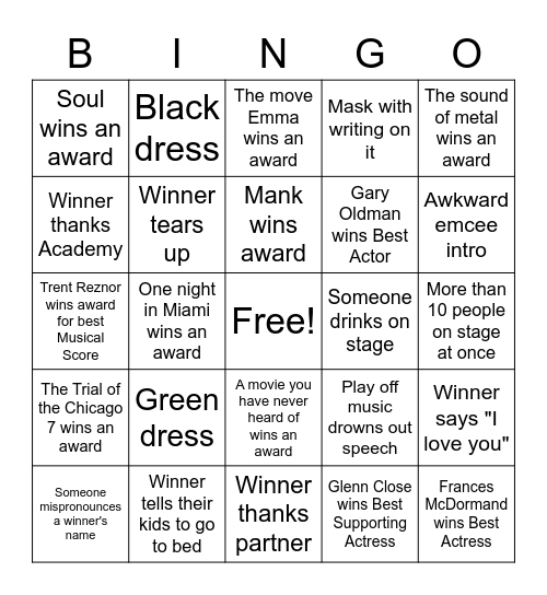 Oscar Party 2021 Bingo Card