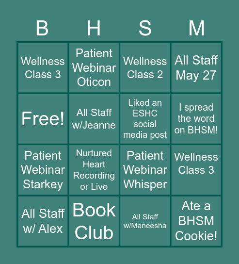 ESHC Better Hearing & Speech Month Bingo Card