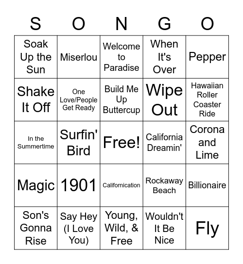 Beach Tunes Bingo Card