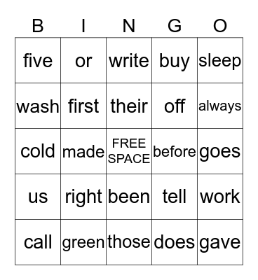 SIGHT WORD BINGO Card