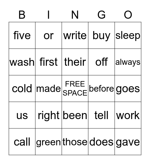 SIGHT WORD BINGO Card