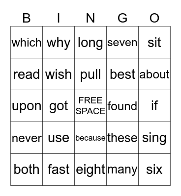 SIGHT WORD BINGO Card