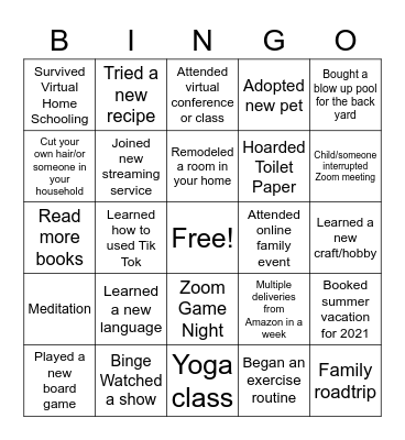 Things We Did During Lockdown Bingo Card