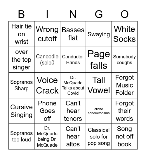 Choir Concert Bingo Card