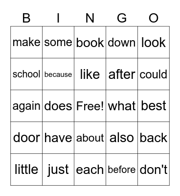 Sight Words Bingo Card