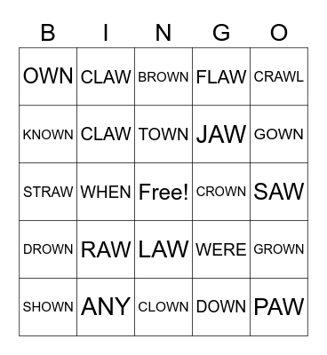 WORDS THAT END WITH AW AND OWN Bingo Card