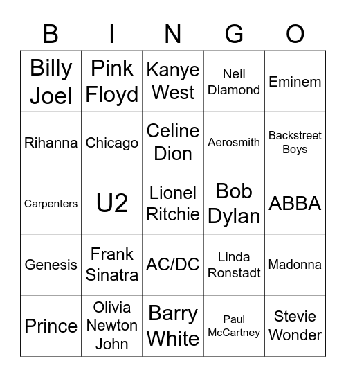 Top Selling Artists of All Time Bingo Card