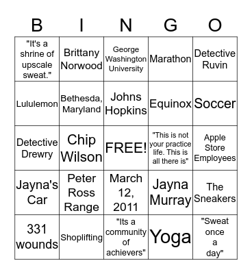 Murder in the Yoga Store Bingo Card