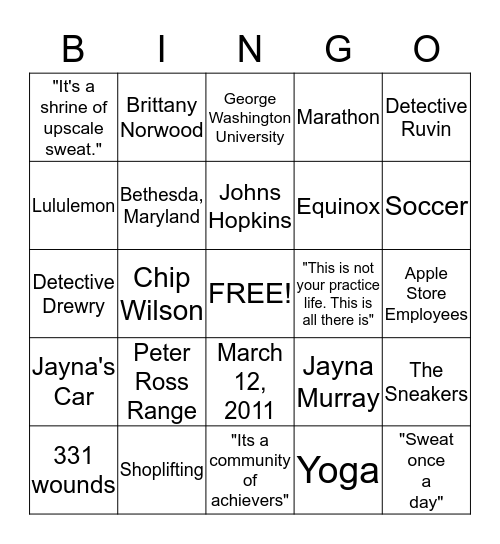 Murder in the Yoga Store Bingo Card