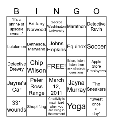 Murder in the Yoga Store Bingo Card